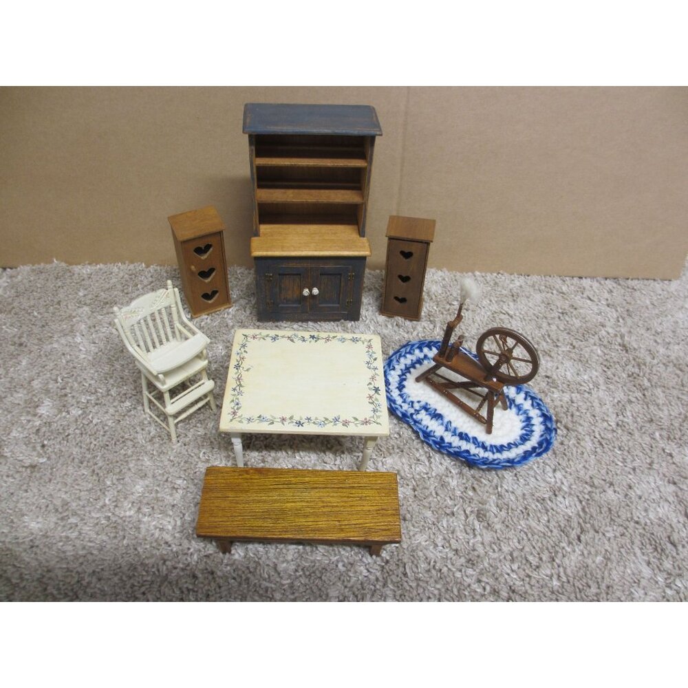 Lot of 8 Dollhouse Miniature Furniture Set With Spinning Wheel Rocking Chair & A